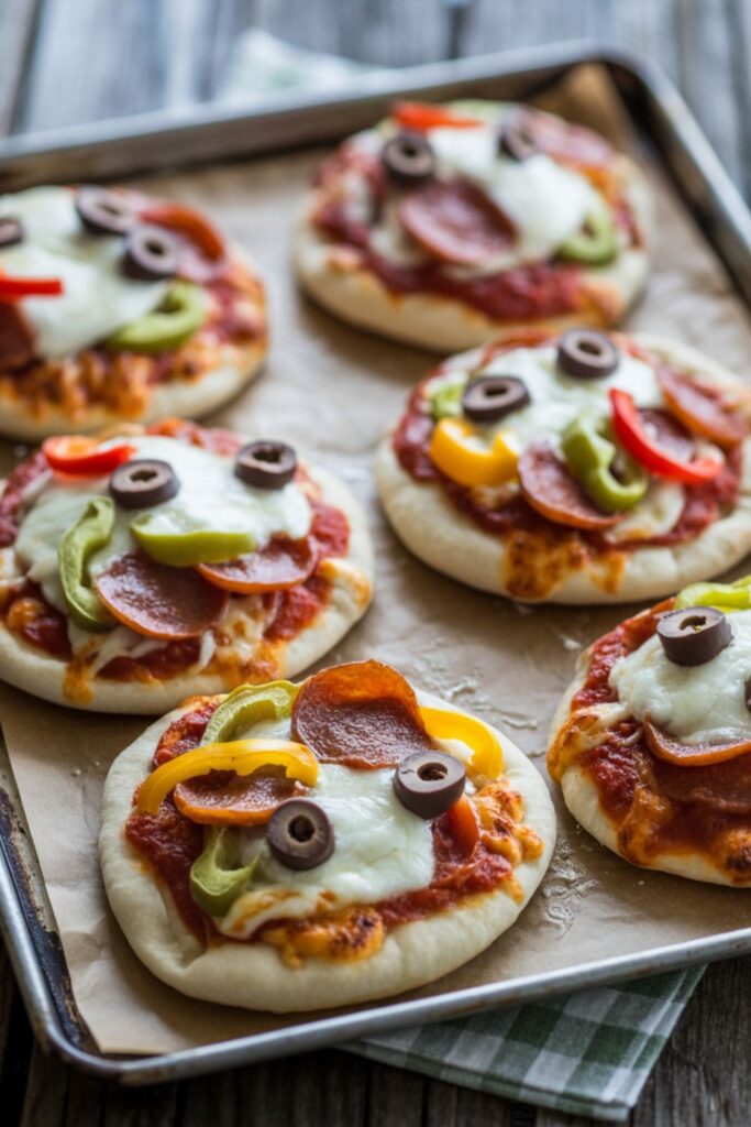 Mini pizzas with various toppings on pita bread arranged on a baking tray