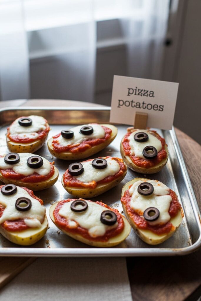 Mini potato pizza bites topped with sauce, cheese, and olives on a tray