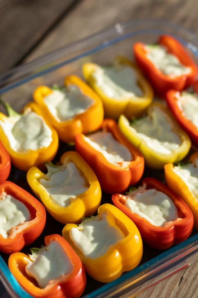 Mini sweet peppers stuffed with cream cheese, packed in a lunch tray with veggies