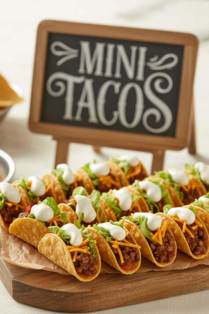 Mini tacos using scoop-shaped chips filled with meat, cheese, lettuce, and sour cream
