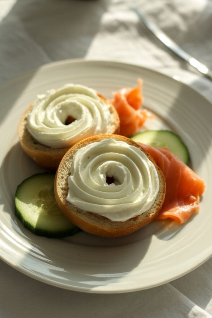 Mini toasted bagel halves spread with cream cheese, with cucumber and smoked salmon