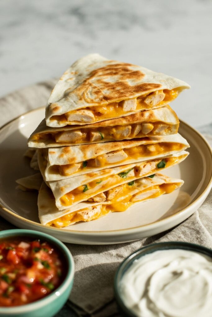 Mini triangle quesadillas with melted cheese and chicken served with salsa and sour cream