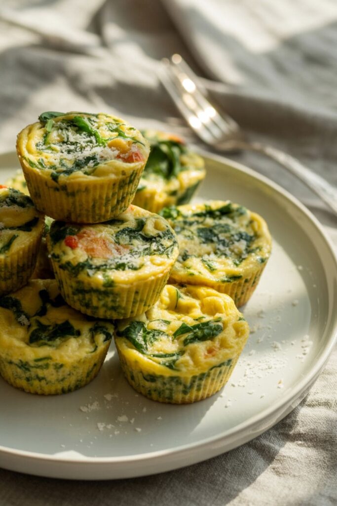 Mini veggie frittatas baked in muffin tins with herbs and vegetables on a serving plate