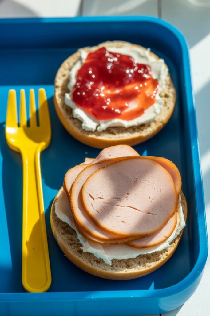 Mini whole wheat bagels with cream cheese and jam in a divided lunch tray