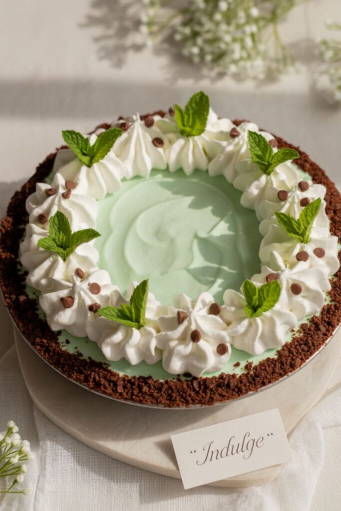 Mint chocolate chip pie with chocolate crust and whipped cream garnish