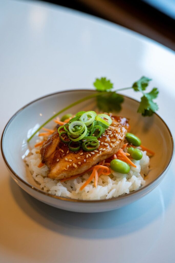 Miso-glazed chicken over white rice with edamame, shredded carrots, scallions, and sesame seedsMiso-glazed chicken over white rice with edamame, shredded carrots, scallions, and sesame seeds