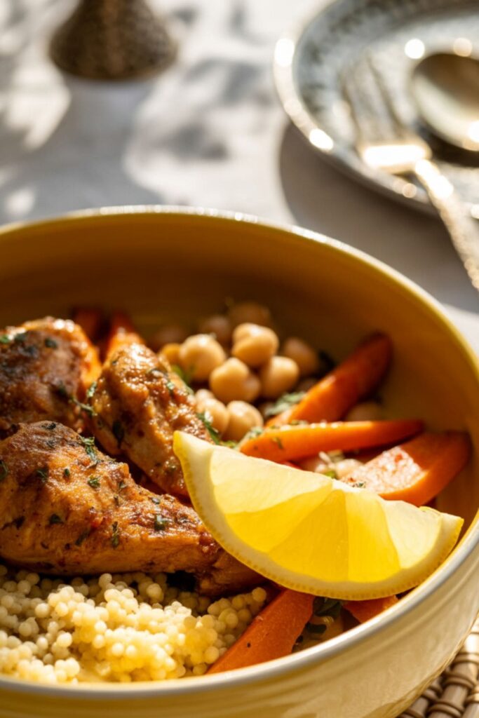 Moroccan-spiced chicken bowl with couscous, roasted carrots, and chickpeas