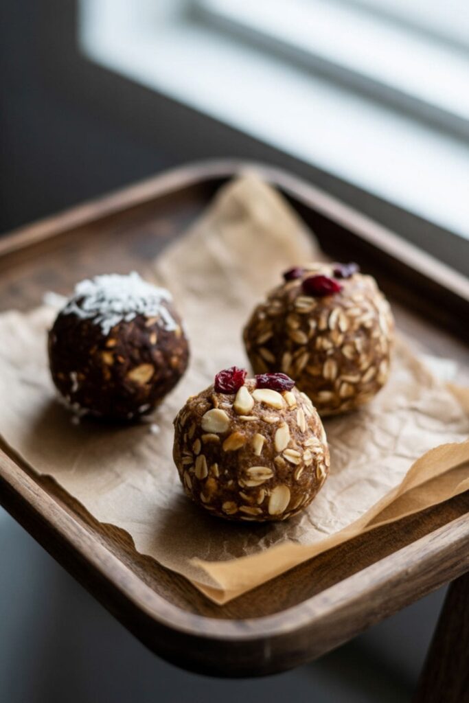 No-bake energy balls made from oats and peanut butter placed on parchment paper