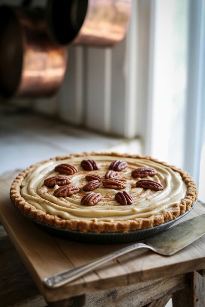 No bake maple cream pie with cinnamon dusting and candied nuts on top