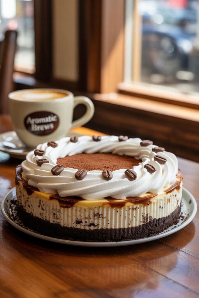 No bake mocha cheesecake pie with espresso beans and a creamy filling