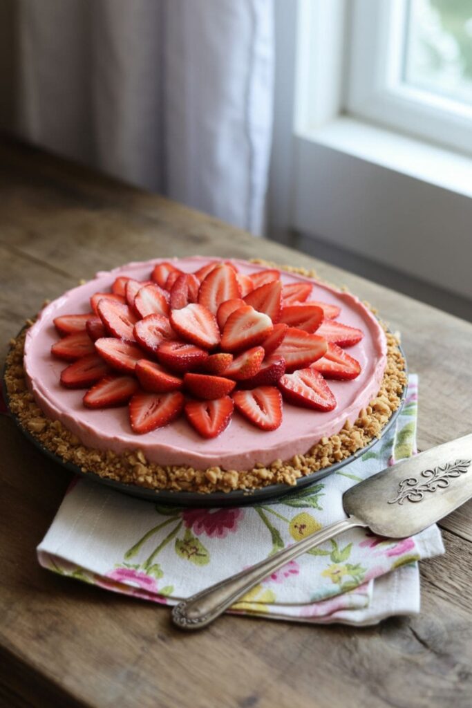 No bake strawberry cheesecake pie topped with fresh sliced strawberries