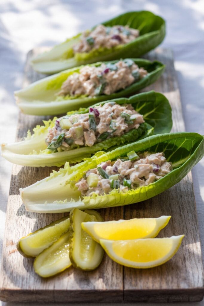 No-mayo tuna salad lettuce cups with Greek yogurt, celery, and pickles on a wooden tray