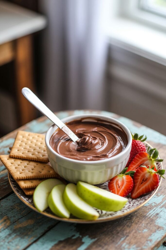 Nutella and cream cheese dip served with fruits and crackers