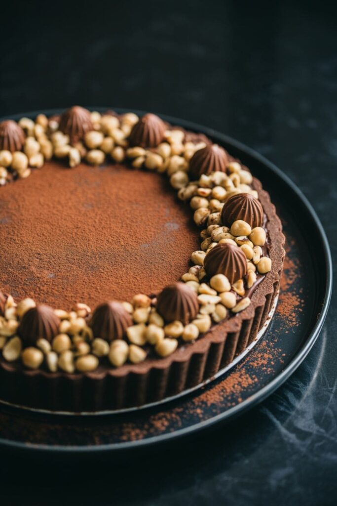 Nutella no bake pie with Ferrero Rocher and chopped hazelnuts on top