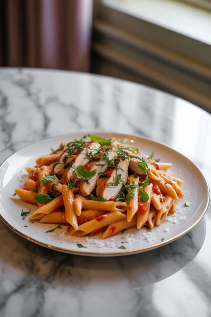 Chicken and roasted red pepper pasta with penne and creamy red pepper sauce