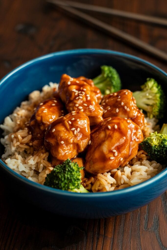 Orange chicken bowl with sticky glazed chicken, steamed rice, and broccoli