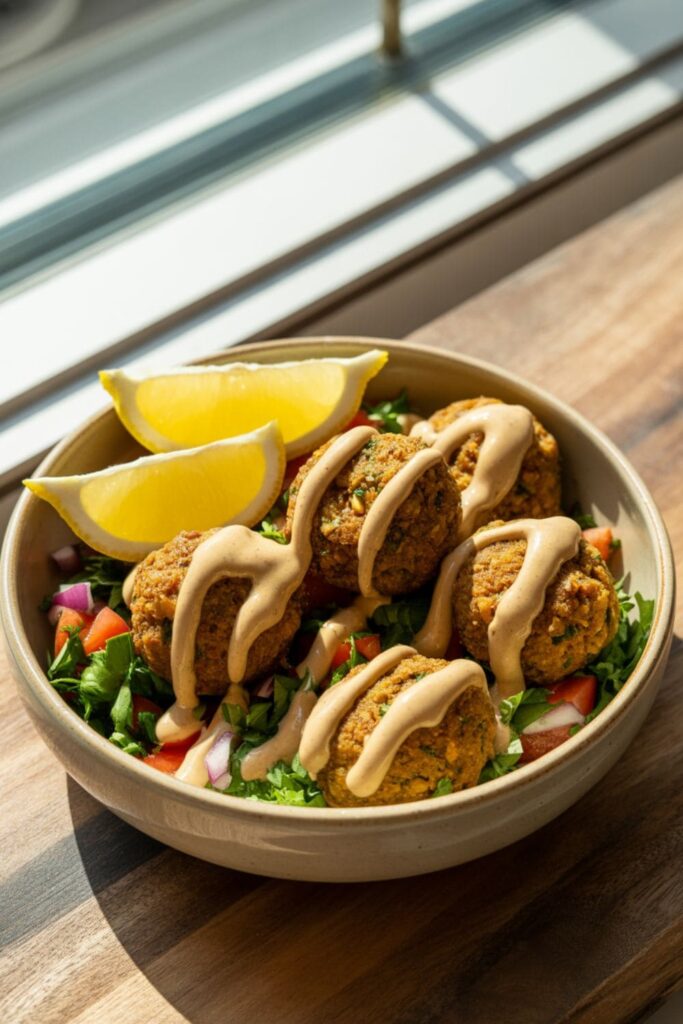 Oven-baked falafel balls with salad, lemon wedges, and tahini sauce