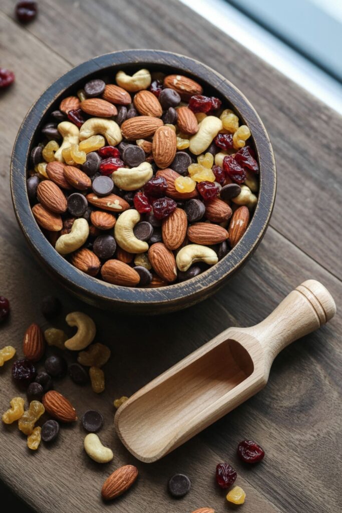 Overhead view of trail mix with nuts, dried fruits, and chocolate chips in a wooden bowl on a desk