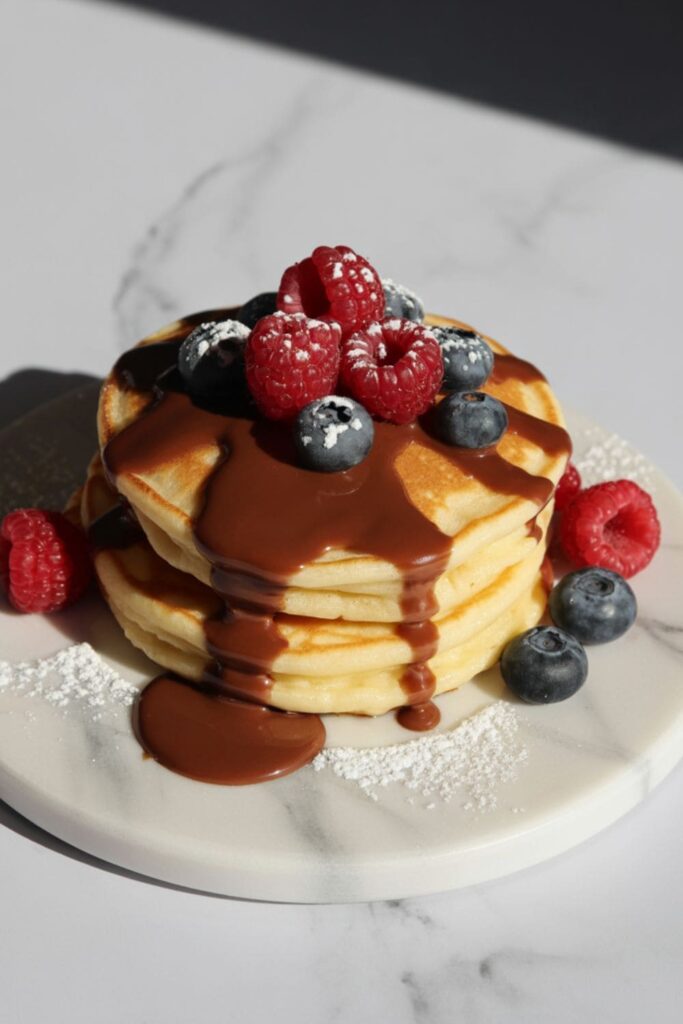 Pancakes filled with melted Nutella and topped with powdered sugar