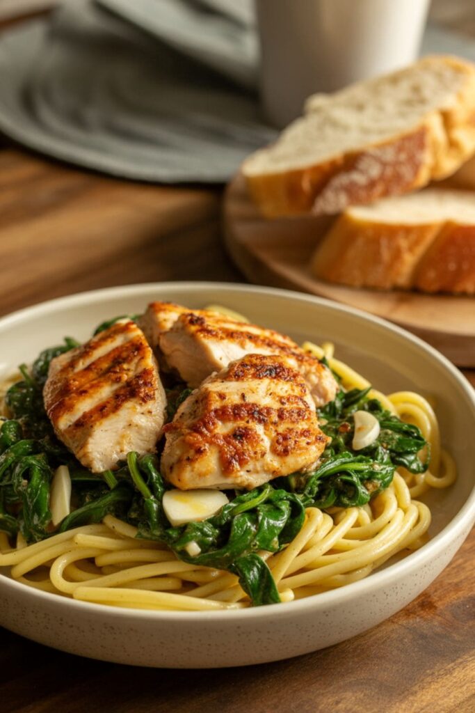Paprika chicken pasta with seared chicken, sauted spinach, and garlic oil