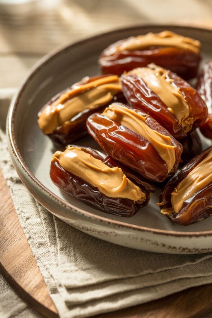 Peanut butter stuffed dates arranged on a small ceramic plate with a napkinc