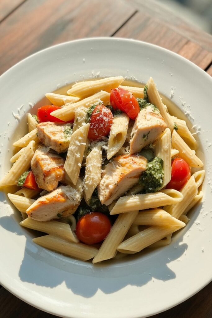 Pesto chicken pasta with grilled chicken, cherry tomatoes, and fresh basil pesto topped with Parmesan