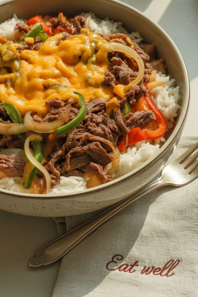 Philly cheesesteak rice bowl with beef, sauted peppers, onions, and melted cheese