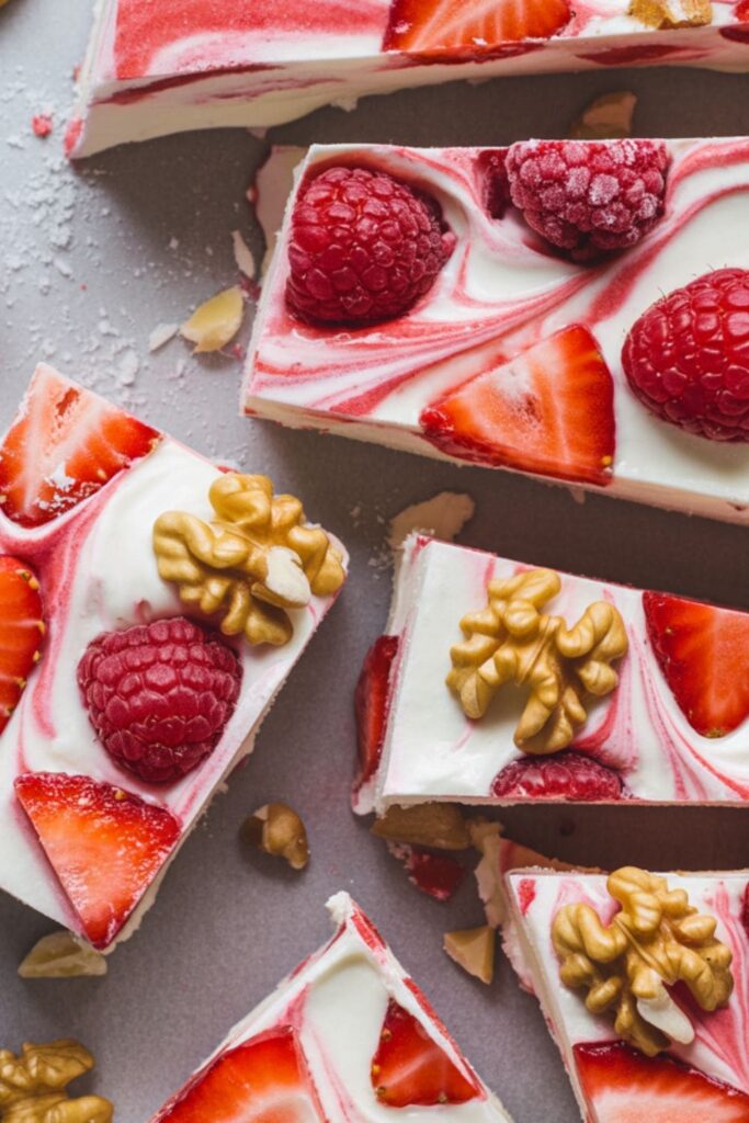 Pieces of frozen yogurt bark topped with berries, chopped nuts, and honey