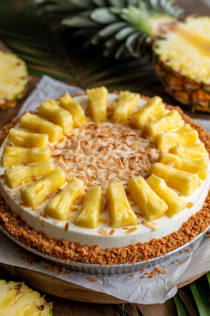 Pineapple cream pie with a graham cracker crust and coconut flakes