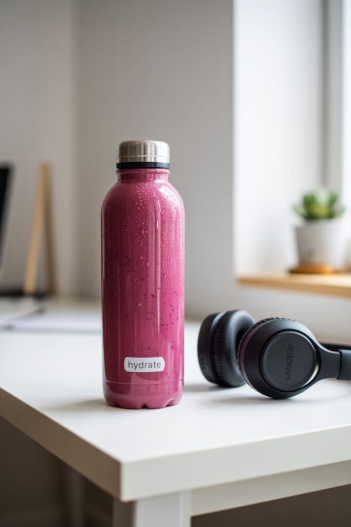 Pink berry smoothie in a reusable bottle on a desk with office supplies in the background