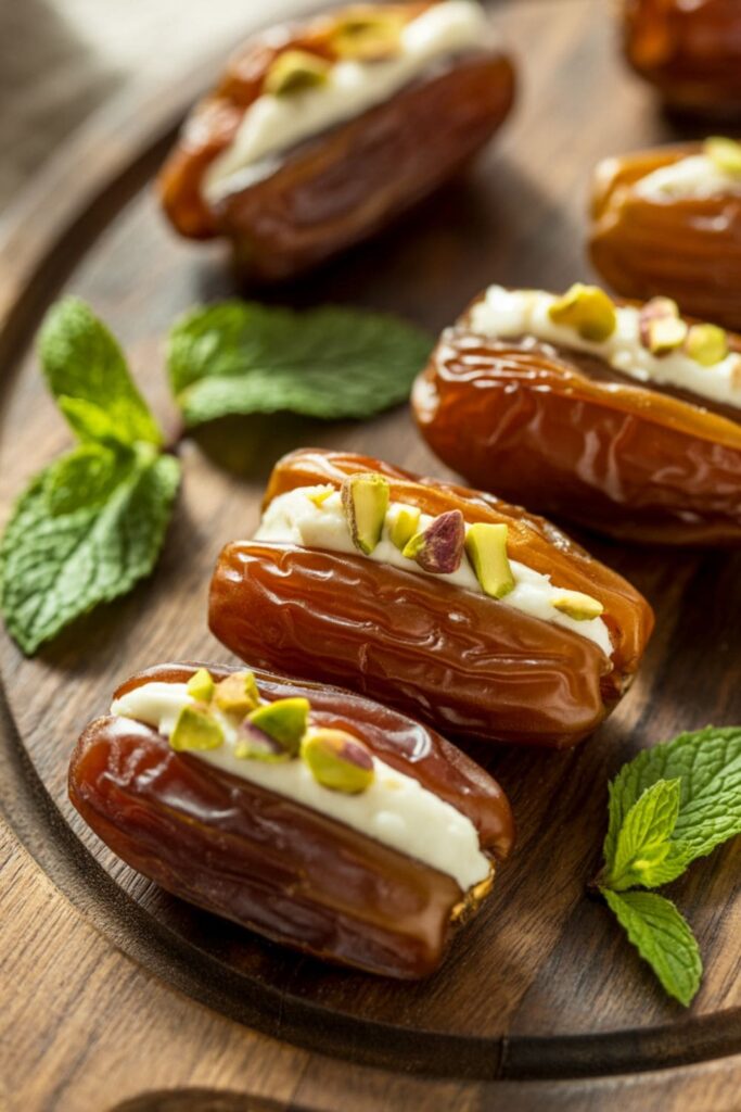 Pitted dates filled with cream cheese, arranged on a rustic wooden tray