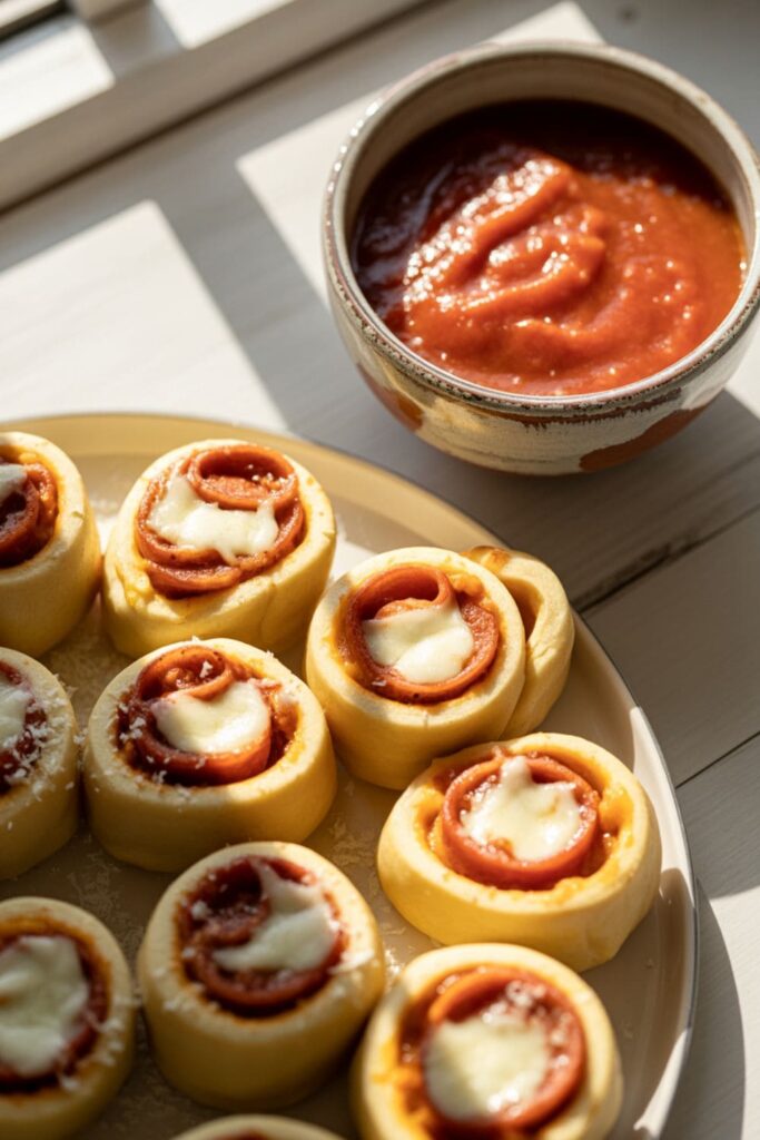 Pizza rolls sliced into spirals showing cheese and pepperoni served with marinara sauce