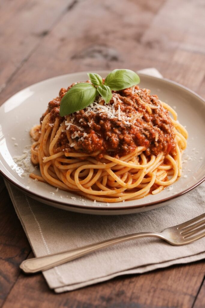 Plate of spaghetti topped with meat sauce and parmesan