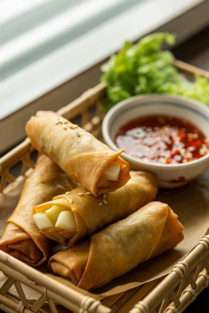 Potato-filled spring rolls with chili dipping sauce and lettuce garnish