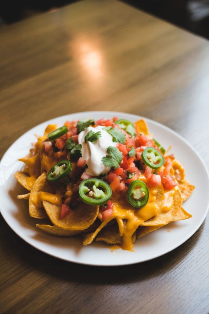 Potato nachos topped with cheese, jalape+-ªos, salsa, and sour cream