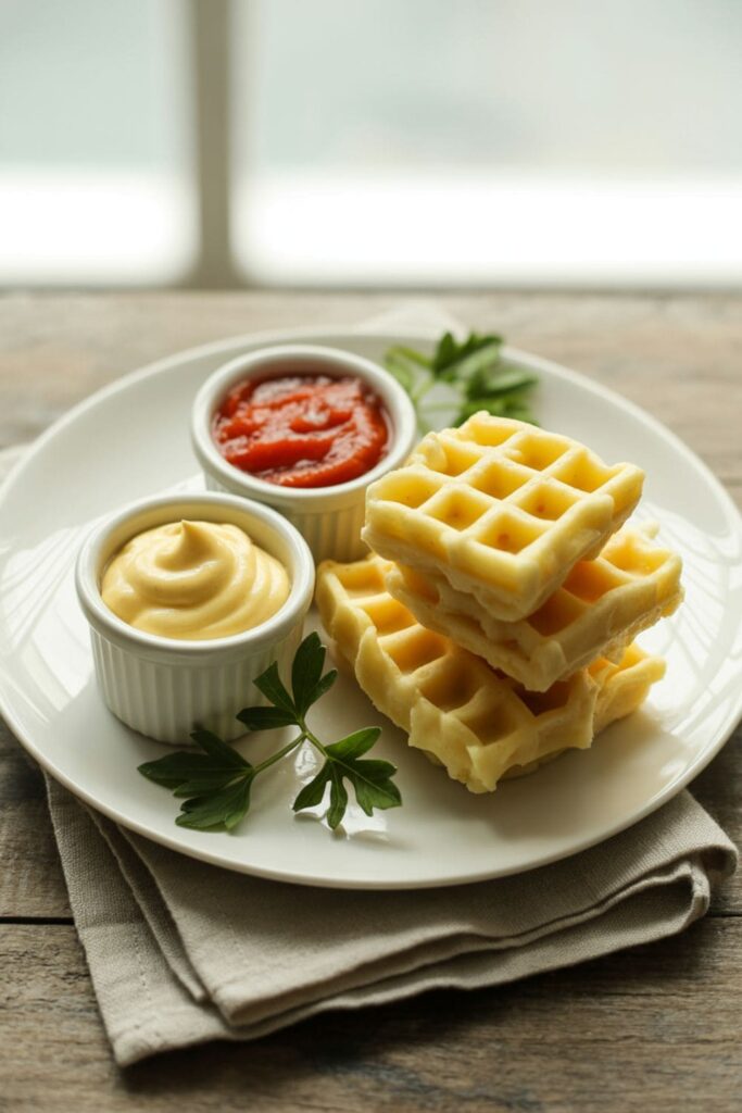 Potato waffle bites served with dipping sauces and green onion garnish