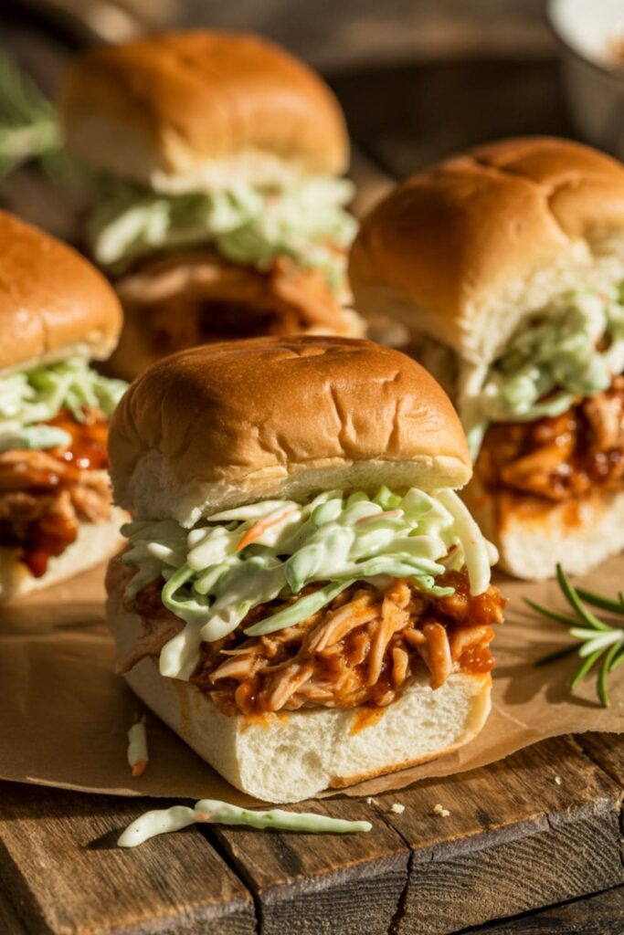 Pulled BBQ chicken sliders with coleslaw on mini buns arranged on a wooden serving board