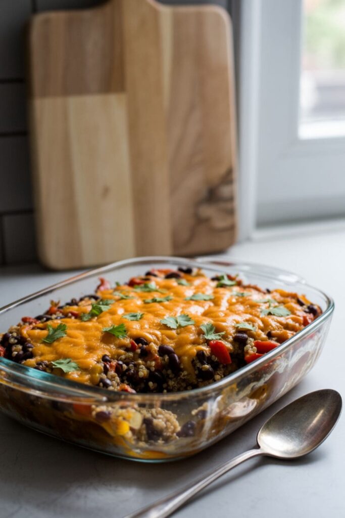 Quinoa and black bean casserole with melted cheese in a glass baking dish on a table