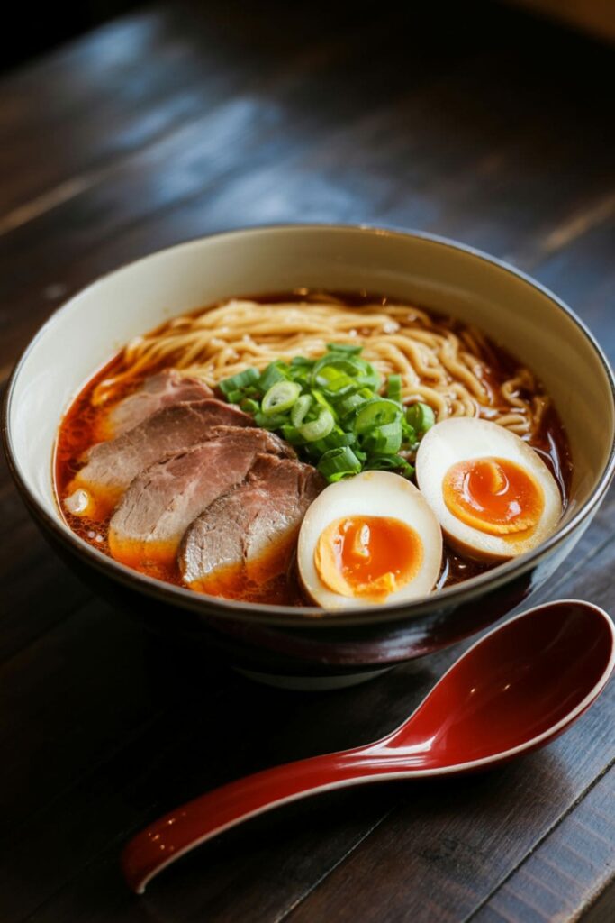 Ramen beef bowl with noodles, soft-boiled egg, green onions, and chili oil