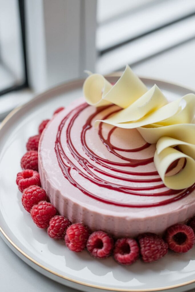 Raspberry white chocolate pie with a pink swirl and fresh raspberries