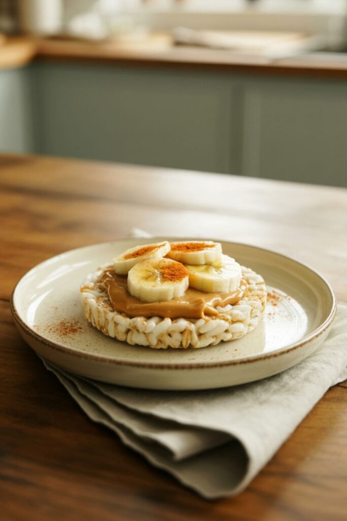 Rice cake topped with peanut butter, banana slices, and a sprinkle of cinnamon on a ceramic plate