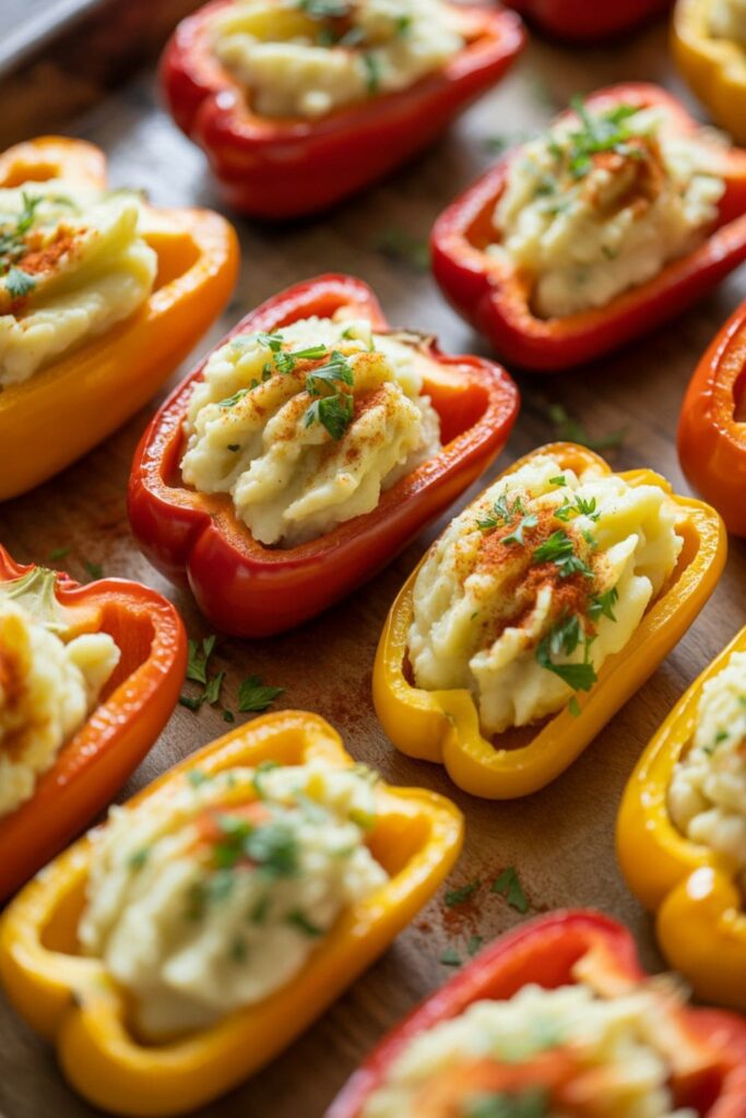 Roasted bell peppers stuffed with spiced mashed potatoes on a baking tray