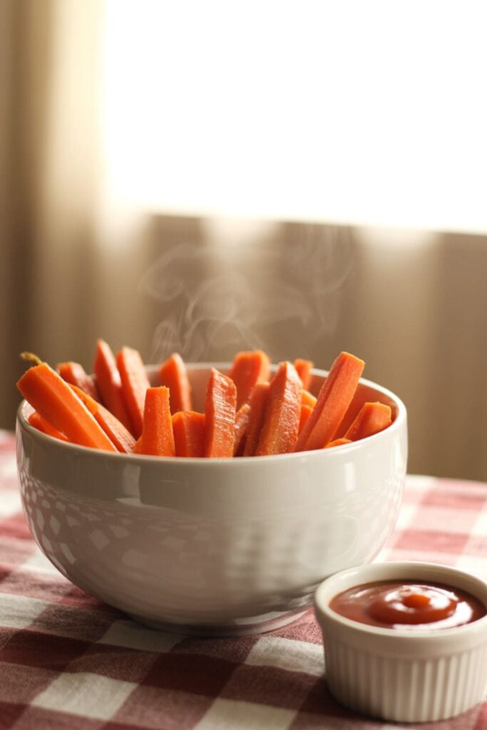 Roasted carrot fries in a bowl with a side of ketchup
