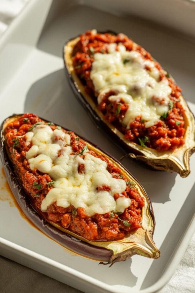 Roasted eggplant boats stuffed with beef and topped with mozzarella