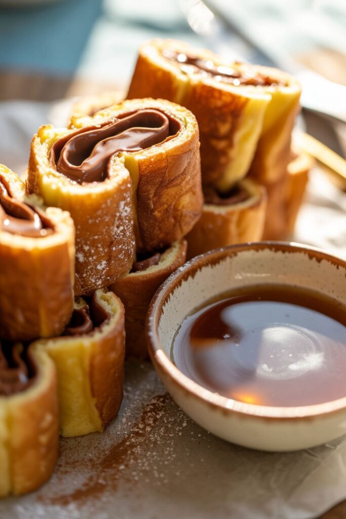 Rolled French toast with Nutella filling, dusted with cinnamon sugar