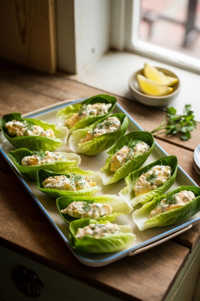 Romaine lettuce leaves filled with creamy egg salad and rolled into wraps