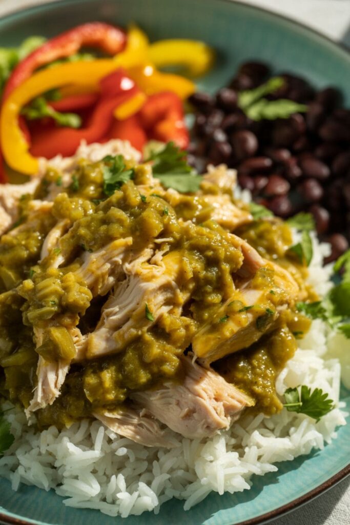 Salsa verde shredded chicken bowl with white rice, saut+-¼ed peppers, black beans, and fresh cilantro
