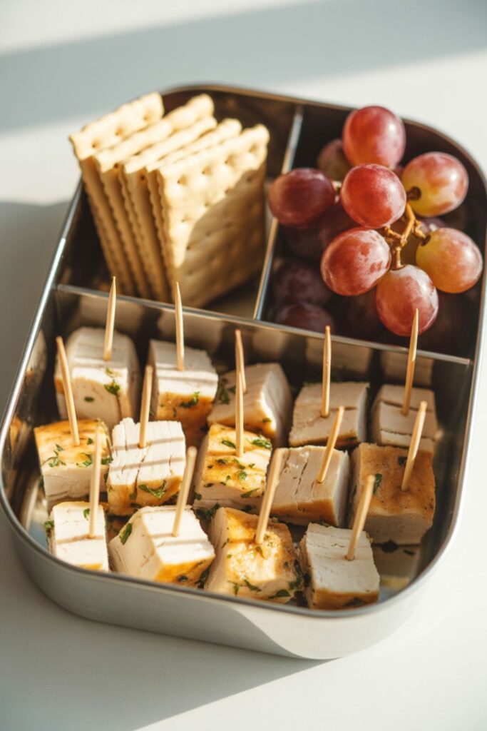 Seasoned chicken bites in a bento box with toothpicks, crackers, and grapes