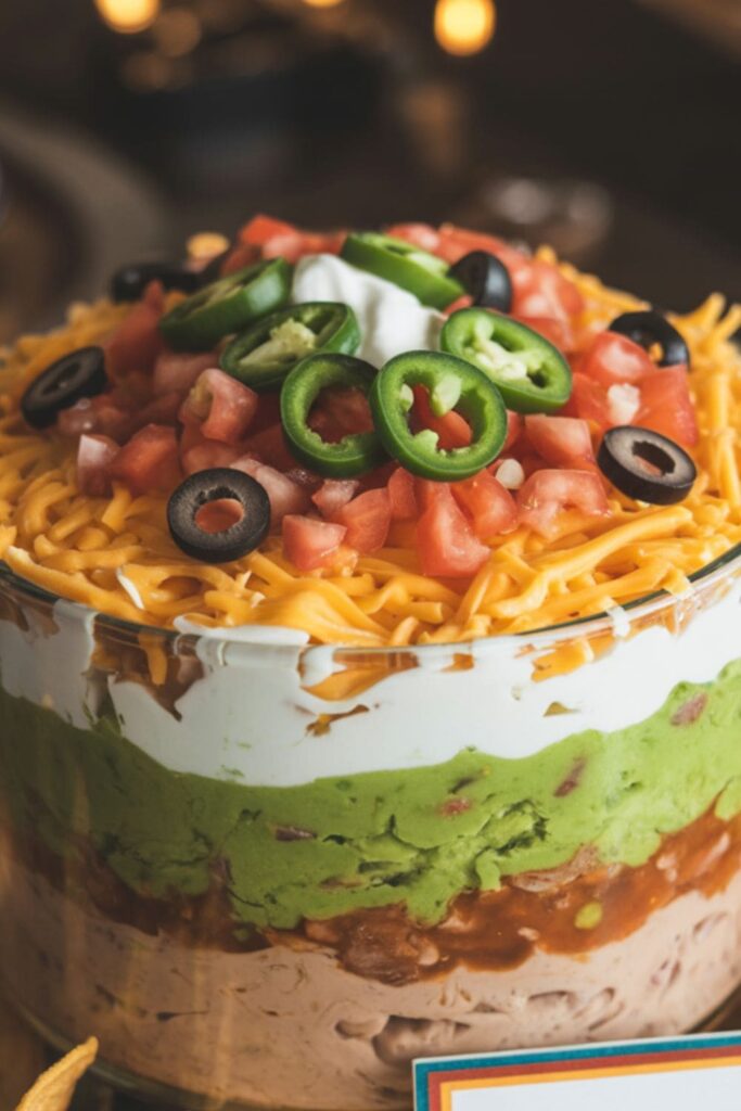 Seven-layer dip in a clear glass dish showing colorful layers of beans, guacamole, sour cream, salsa, and cheese