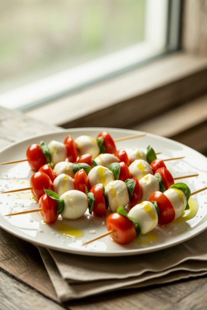 Skewers with cherry tomatoes, mozzarella balls, and basil leaves, drizzled with olive oil